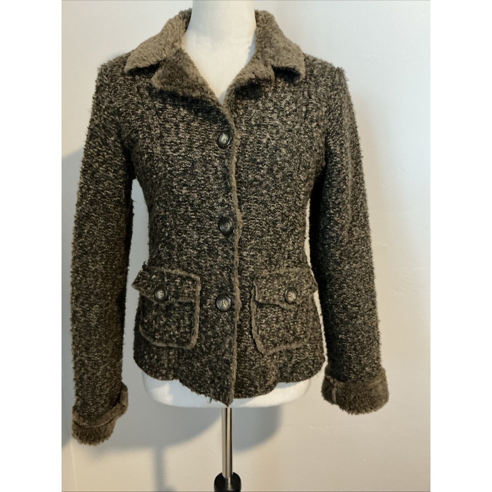 True Grit Boucle Tweed‎ Knit Long Sleeve Blazer Jacket Multicolor Olive Green XS